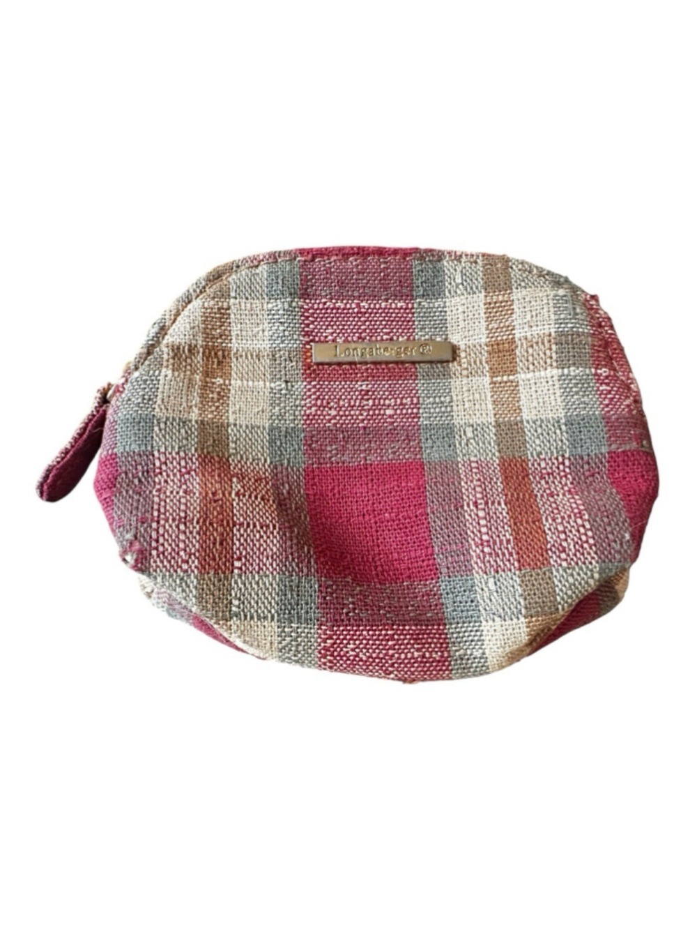 Longaberger Vintage Zip Top Orchard Plaid Coin Change Purse Key Ring